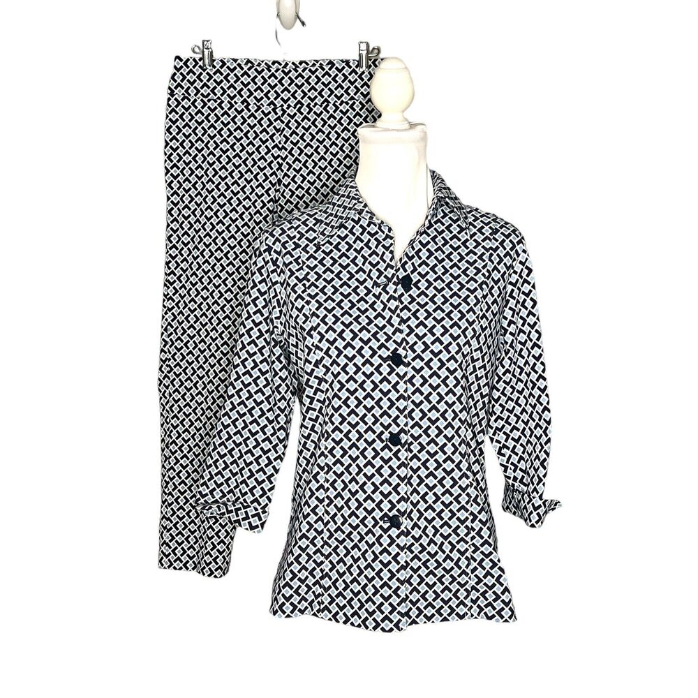 Pure Amici Set Geometric Jacket Pull On Crop Pant Stretch Preppy Blue Size S